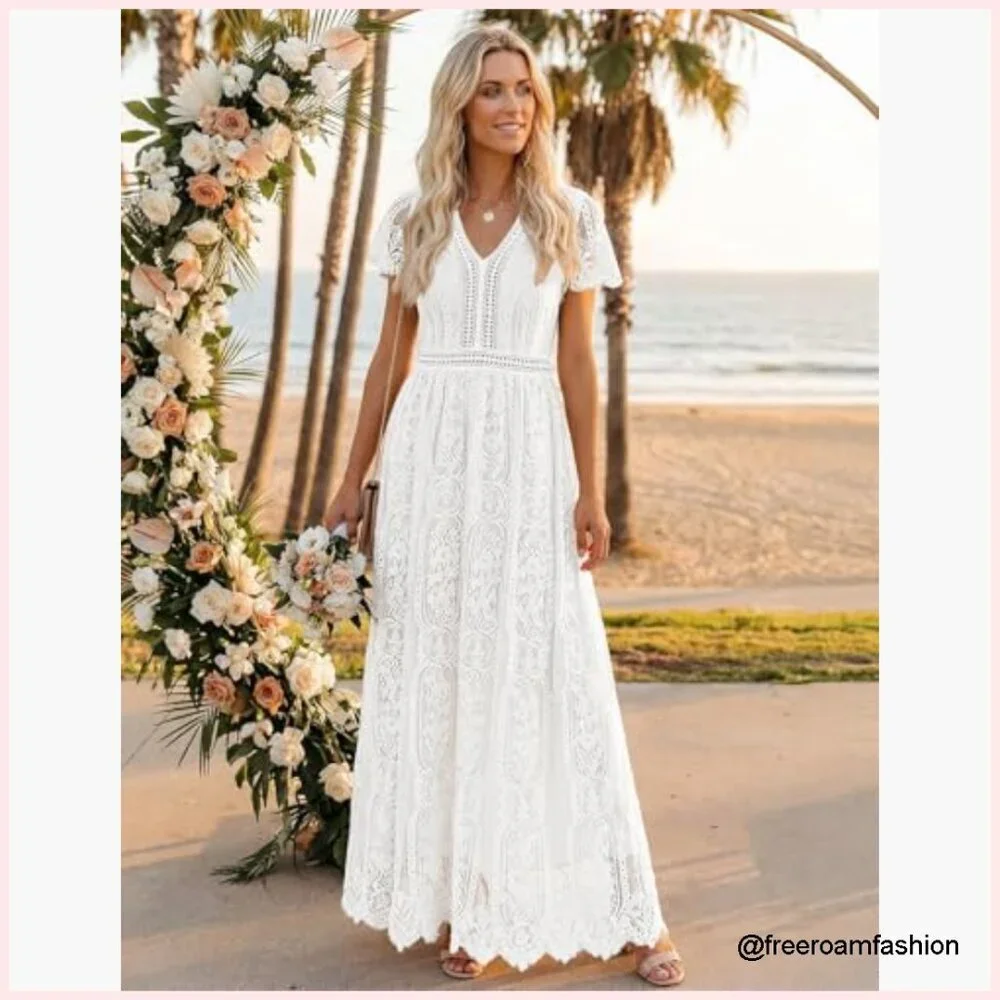 Floral Lace Maxi Dress V-Neck Short Sleeve A-Line Formal Wedding Party - Picture 3 of 7